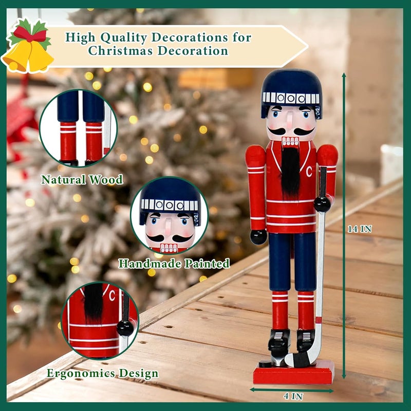 WVIOUOPU Ice Hockey Player Nutcracker Christmas Decorations - 14 Inch Handmade Wooden Figures with Hockey Stick Helmet Skates for Mantle Shelf Tabletop Home Christmas Holiday Ornaments Gifts - Image 3